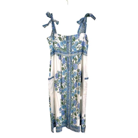 Juliet Dunn Tuckernuck Blue Rose Border Tie Shoulder Midi Button Cotton Dress - Picture 8 of 16